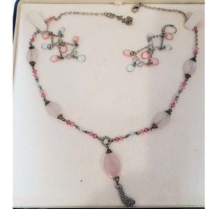 Pink and White Drop Necklace with chandelier earrings